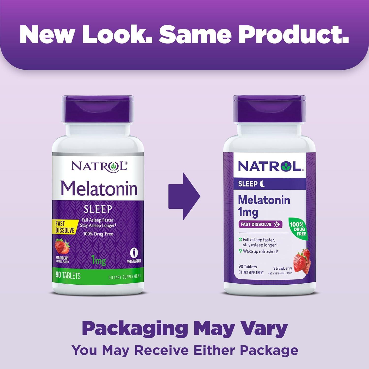 Natrol Fast Dissolve Melatonin 1 mg, Melatonin Supplements for Restful Sleep, Sleep Support for Adults, 90 Strawberry-Flavored Tablets, Up to a 90 Day Supply