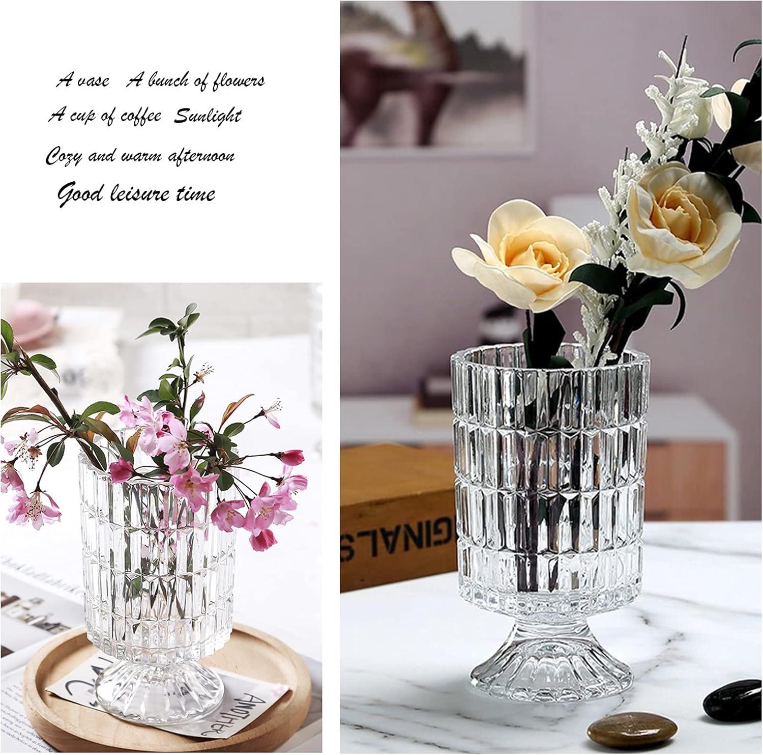 7 Inch Modern Glass Vase with Embossed Ribbed Base - Clear Hydroponic Design for Home Decor, Weddings Party Living Room, Dining Table Floral Arrangement Centerpiece