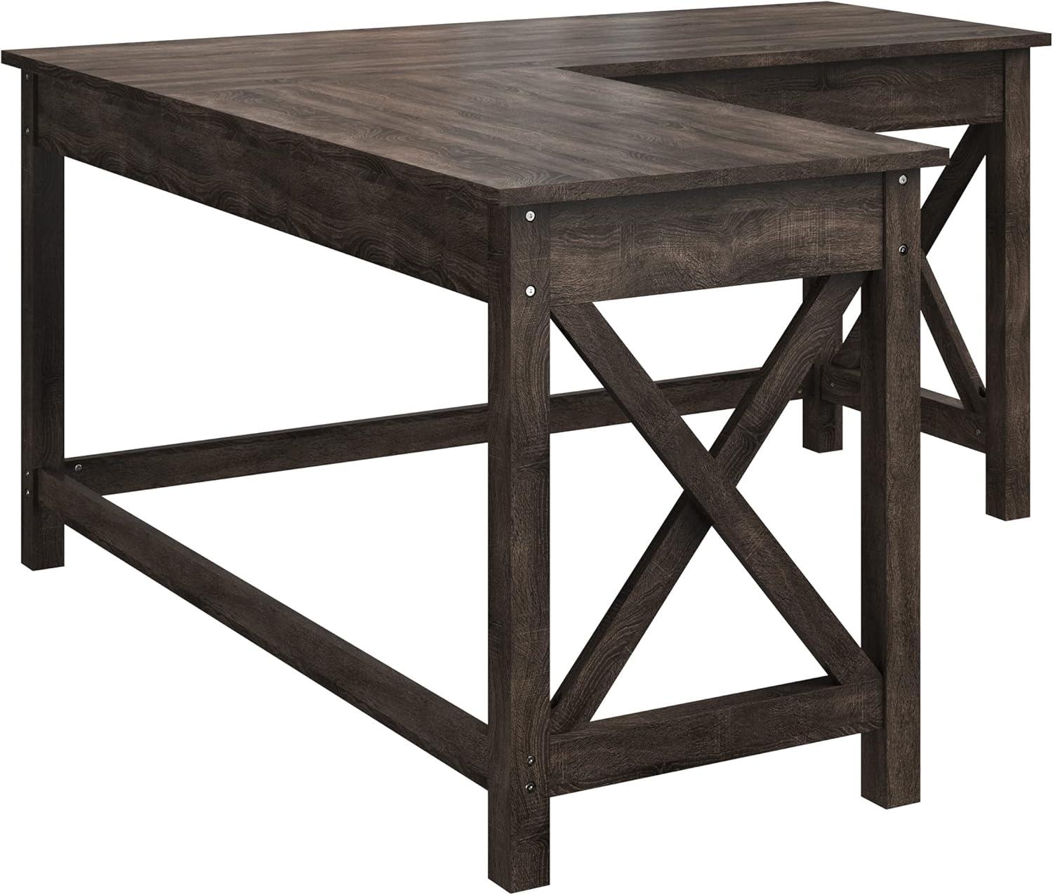 Lavish Home 59" L-Shaped Farmhouse Style Desk with Return for Home Office in Dark Gray Oak Finish