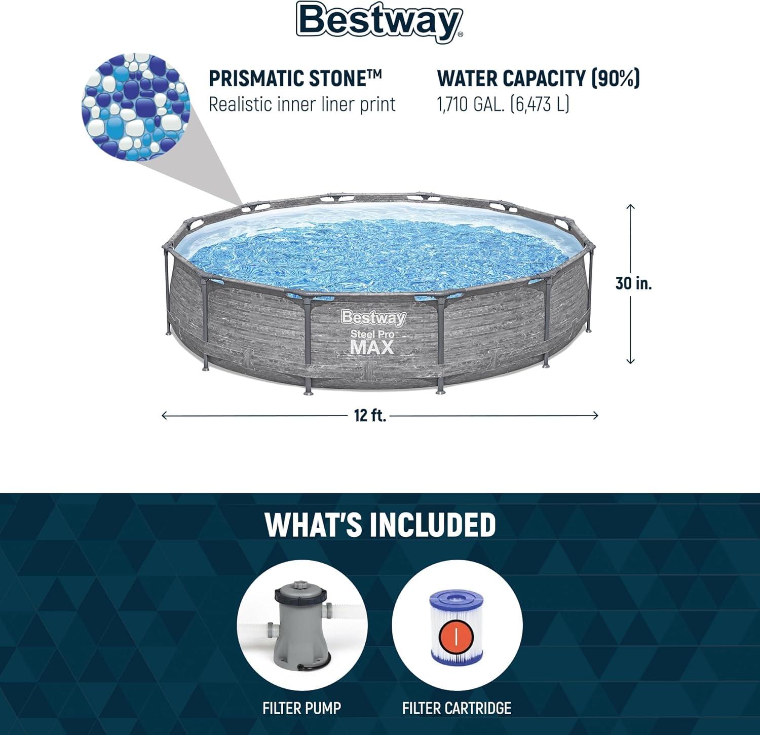 Bestway Steel Pro MAX 12' x 30" Round Above Ground Swimming Pool Set Outdoor Metal Frame Family Pool with Liner and Filter Pump, Gray