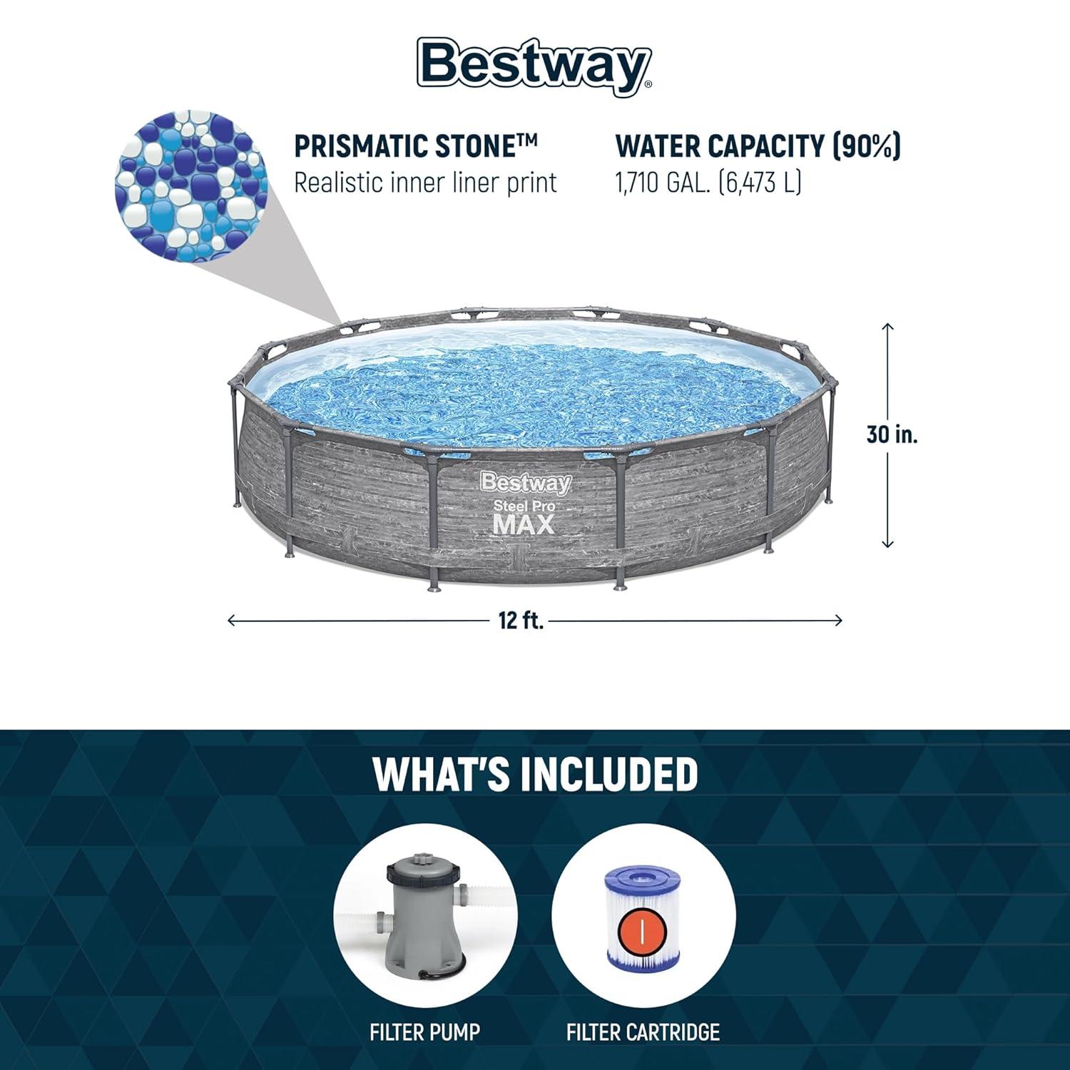 Bestway Steel Pro MAX 12' x 30" Round Above Ground Swimming Pool Set Outdoor Metal Frame Family Pool with Liner and Filter Pump, Gray