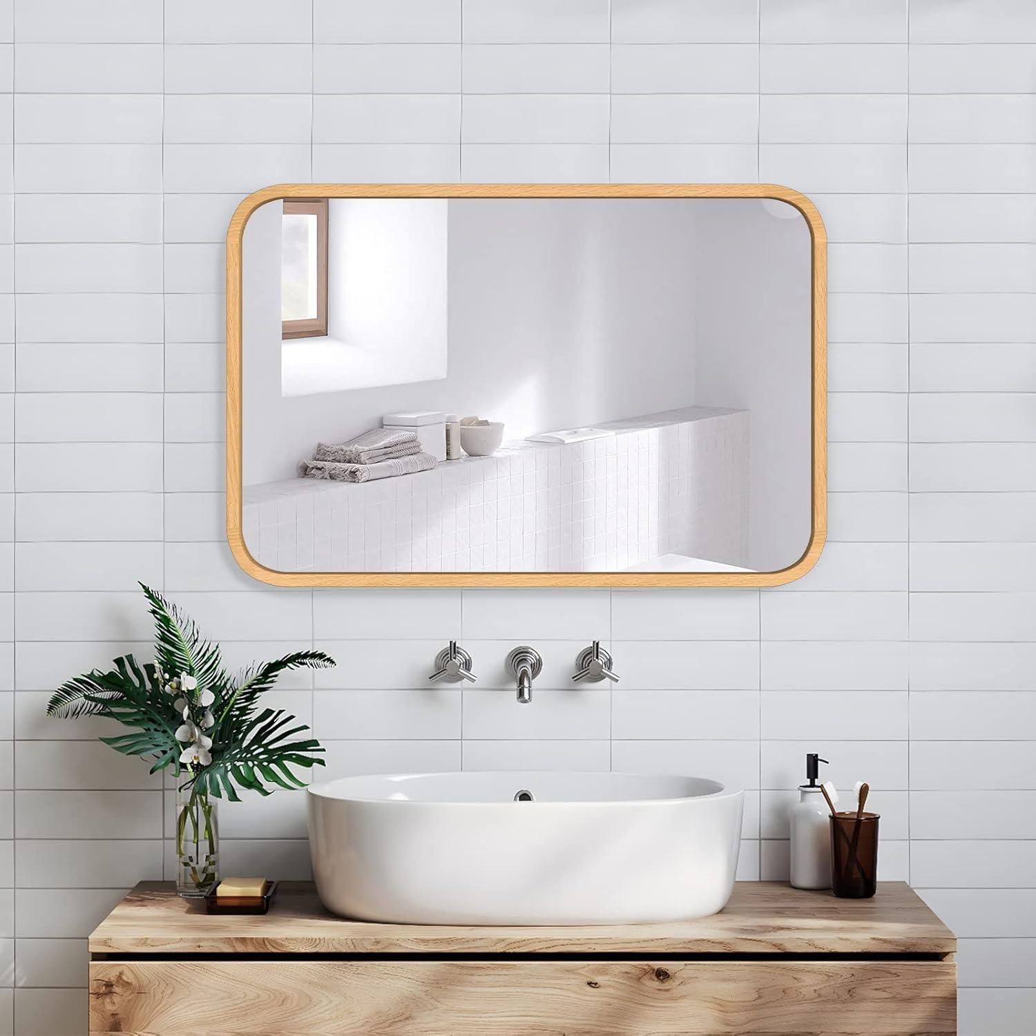 Natural Beech Wood Rectangular Bathroom Mirrors with Silver Accents