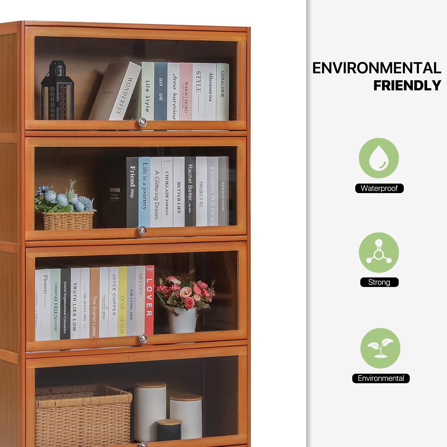 Magshion Bamboo/Acrylic 3 Shelves Bookshelf, with Transparent Door Bookcase, Brown, for Home