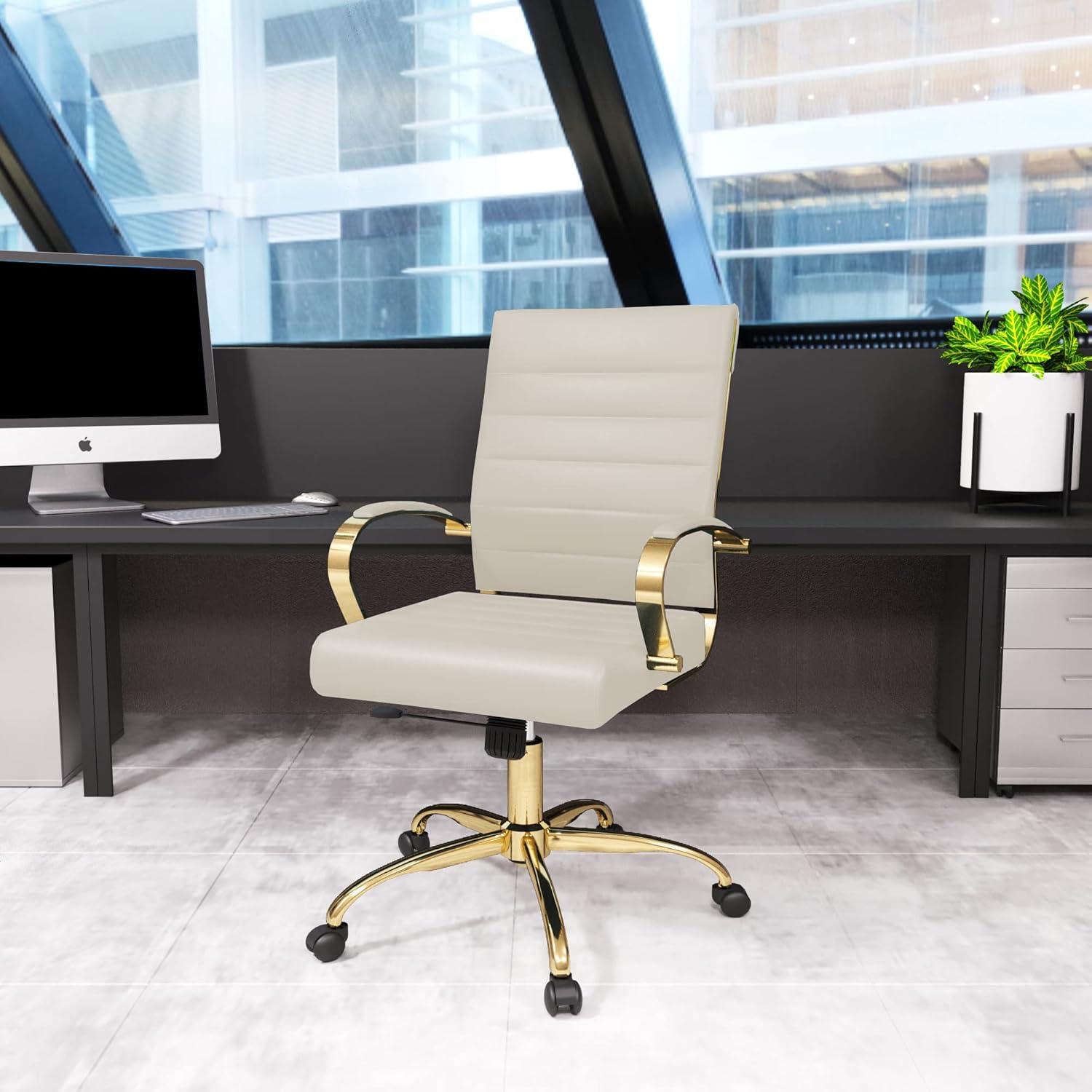 Black Leather Swivel Office Chair with Gold Metal Frame