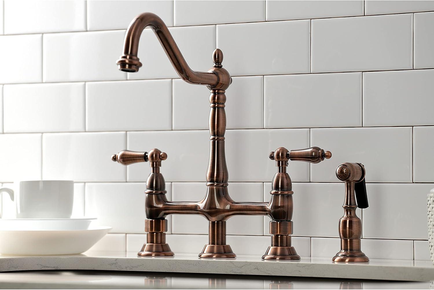 Kingston Brass Heritage Two-Handle 4-Hole Deck Mount Bridge Kitchen Faucet with Brass Side Sprayer