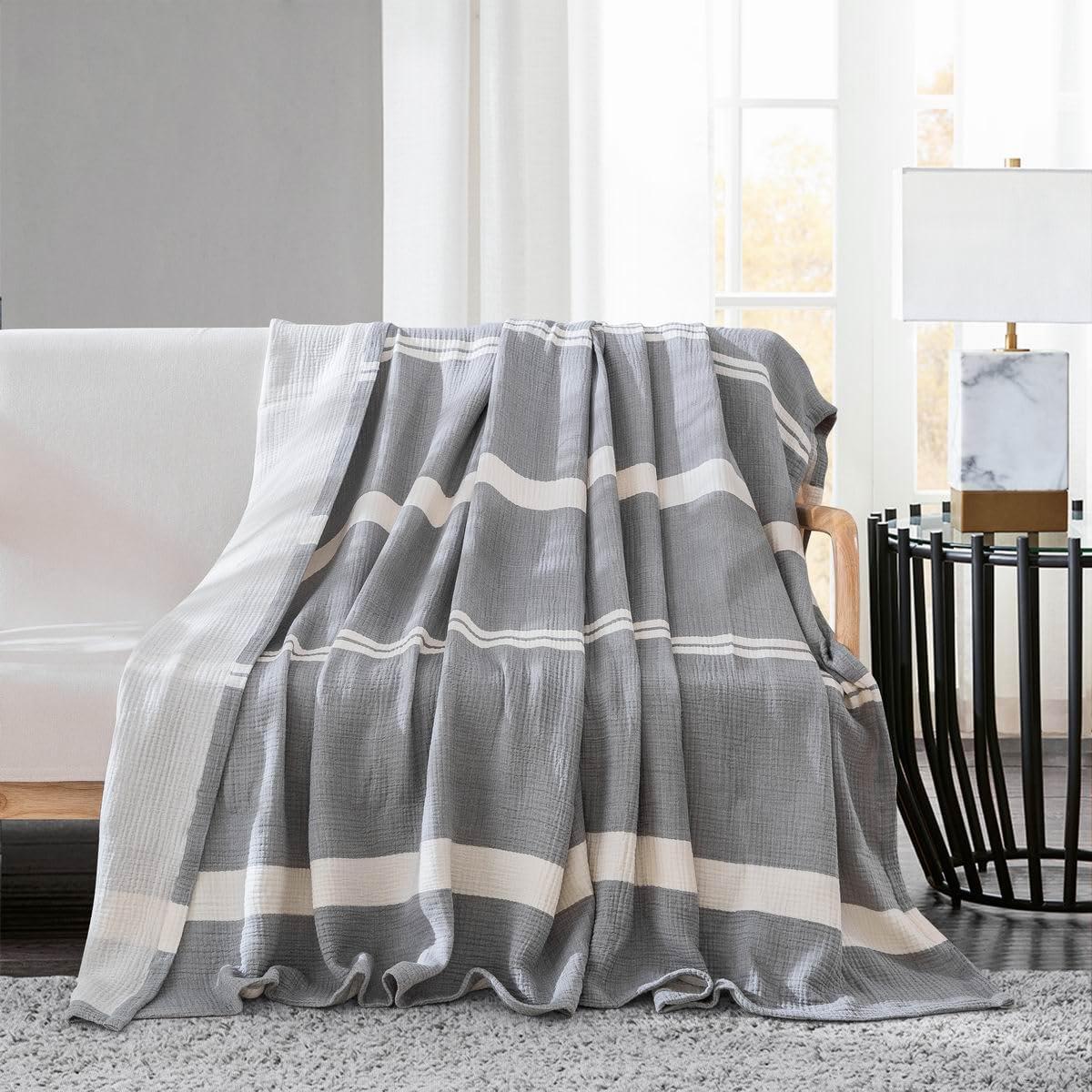 Gray and White Cotton Muslin Twin Blanket with Stripes