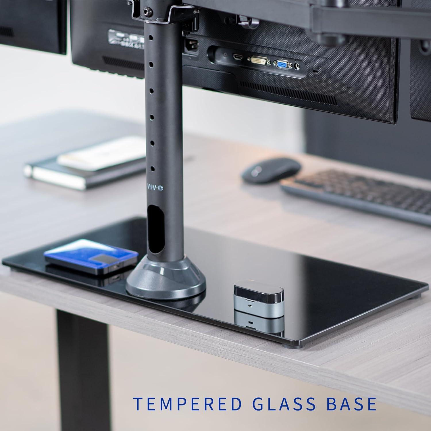 Black Triple Monitor Mount with Glass Base and Steel Arms