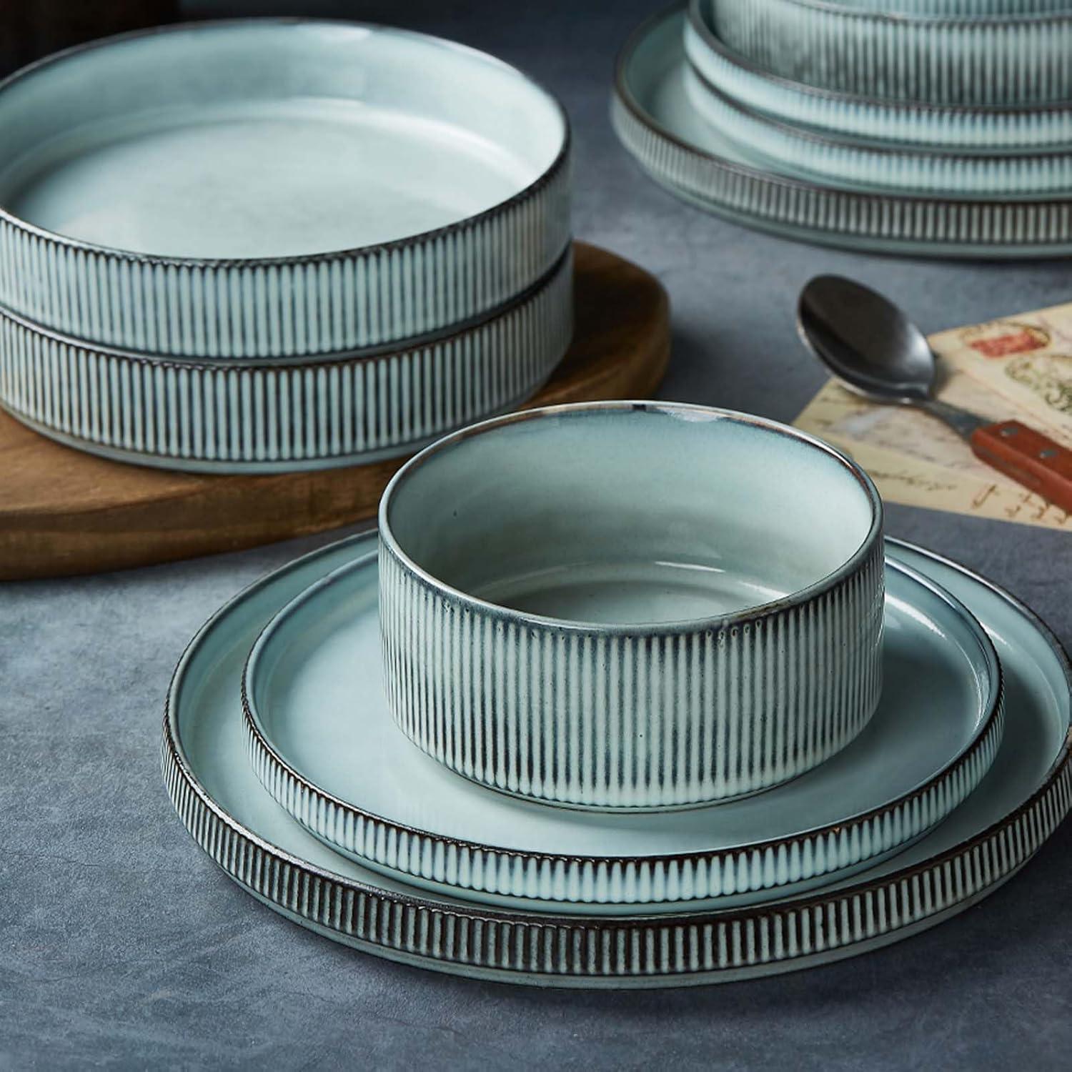 Famiware Star Stoneware Dinnerware Sets, Plates and Bowls Set for 4, 12 Piece Dish Set, Smoky Blue