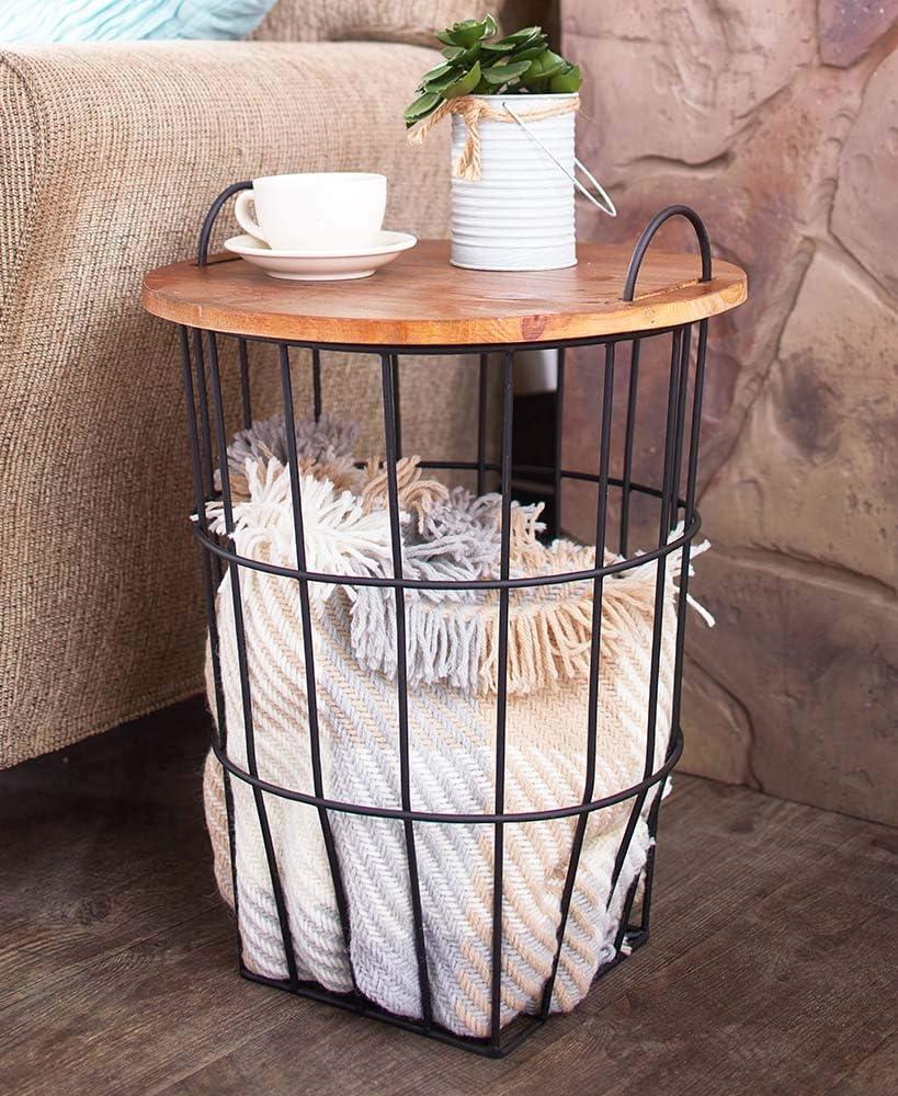 The Lakeside Collection Metal Storage Basket Side Table with Carrying Handles and Wooden Lid