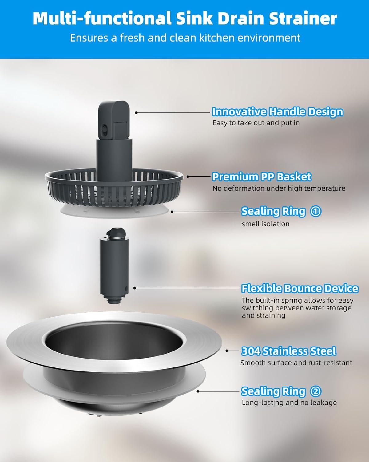 Hibbent 3-in-1 Kitchen Sink Drain Strainer  Stopper , Stainless Steel Pop-Up Design, Anti-Clogging Metal Basket with Handle, Compatible with US Standard 3-1/2" Drain