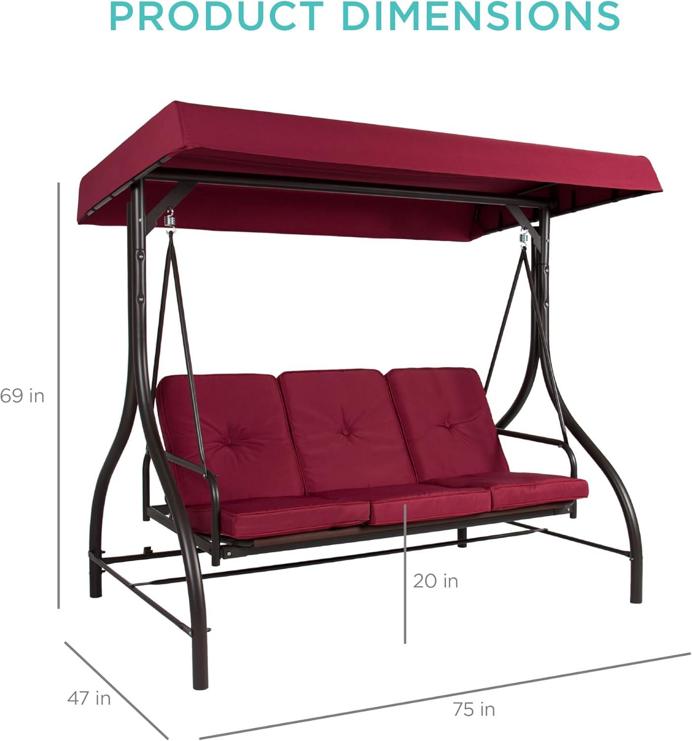 Burgundy Steel Frame 3-Seat Outdoor Canopy Swing Glider