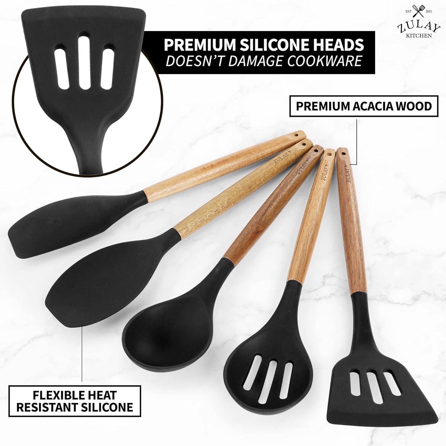 Zulay Kitchen Non-Stick Silicone Utensils Set with Acacia Wood Handles 5 Piece Silicone - Black