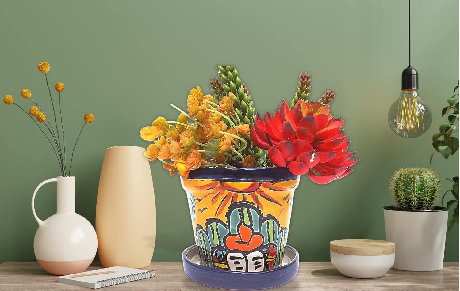 MEXTEQUIL 4" x 4" x 4" Round Yellow Ceramic Talavera Design Plant Pot with Drainage Holes