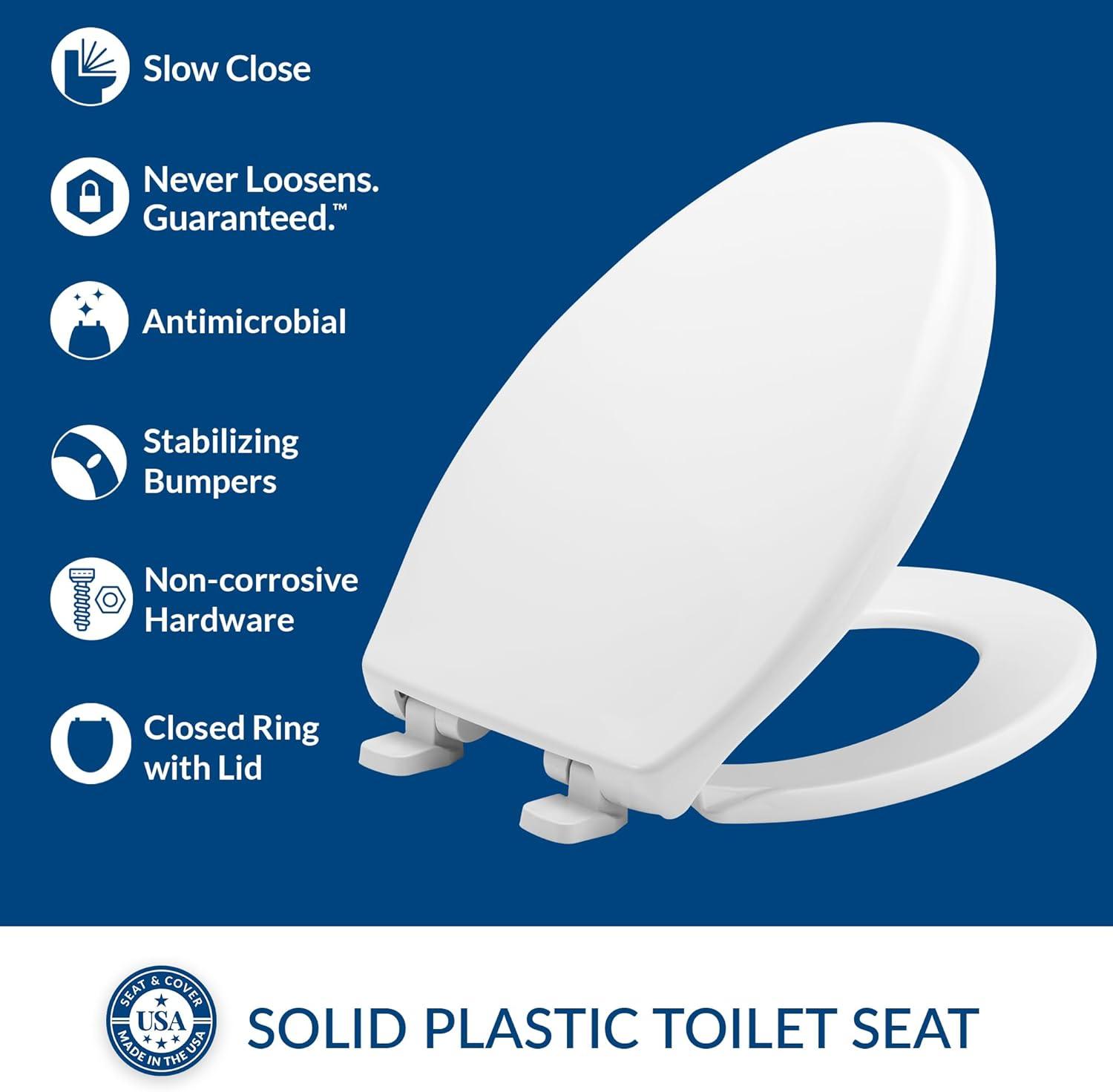 7900TDGSL Commercial Heavy Duty Plastic Toilet Seat, Slow Close, Never Loosens, ELONGATED, White