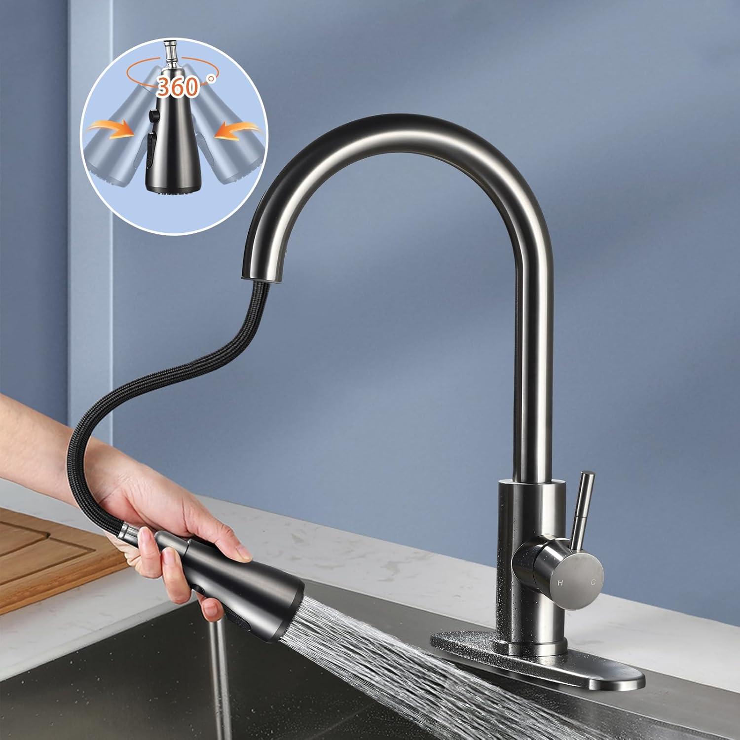 Brushed Nickel Kitchen Faucet with Pull Down Sprayer, Single Handle Stainless Steel Kitchen Sink Faucet 1/3 Hole with Deck, Modern Pull Out Kitchen Faucets for Laundry Farmhouse Bar