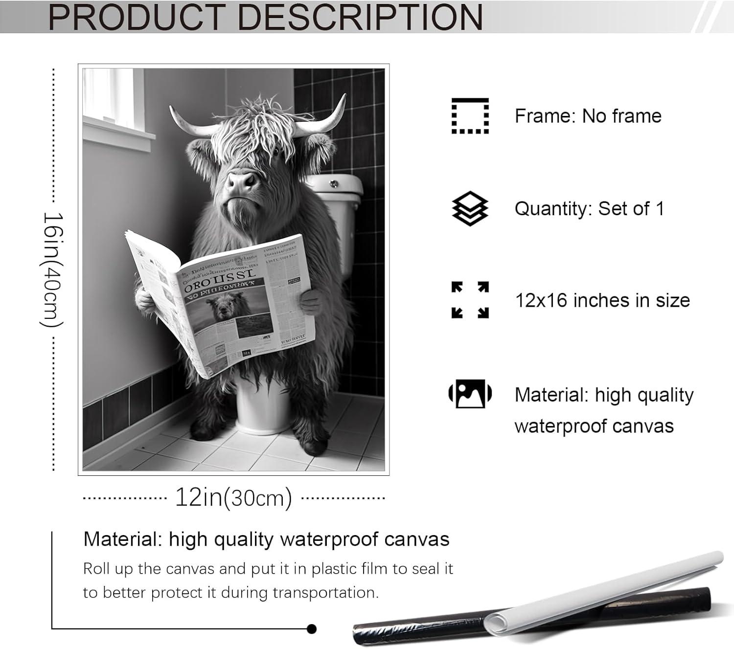 Yaasilinage Highland Cow Canvas Wall Art, Cow Sitting on The Toilet Reading Newspaper Print Poster, Funny Animal Bathroom Pictures for Toilet Guest Room Wall Decor 12x16in Unframed