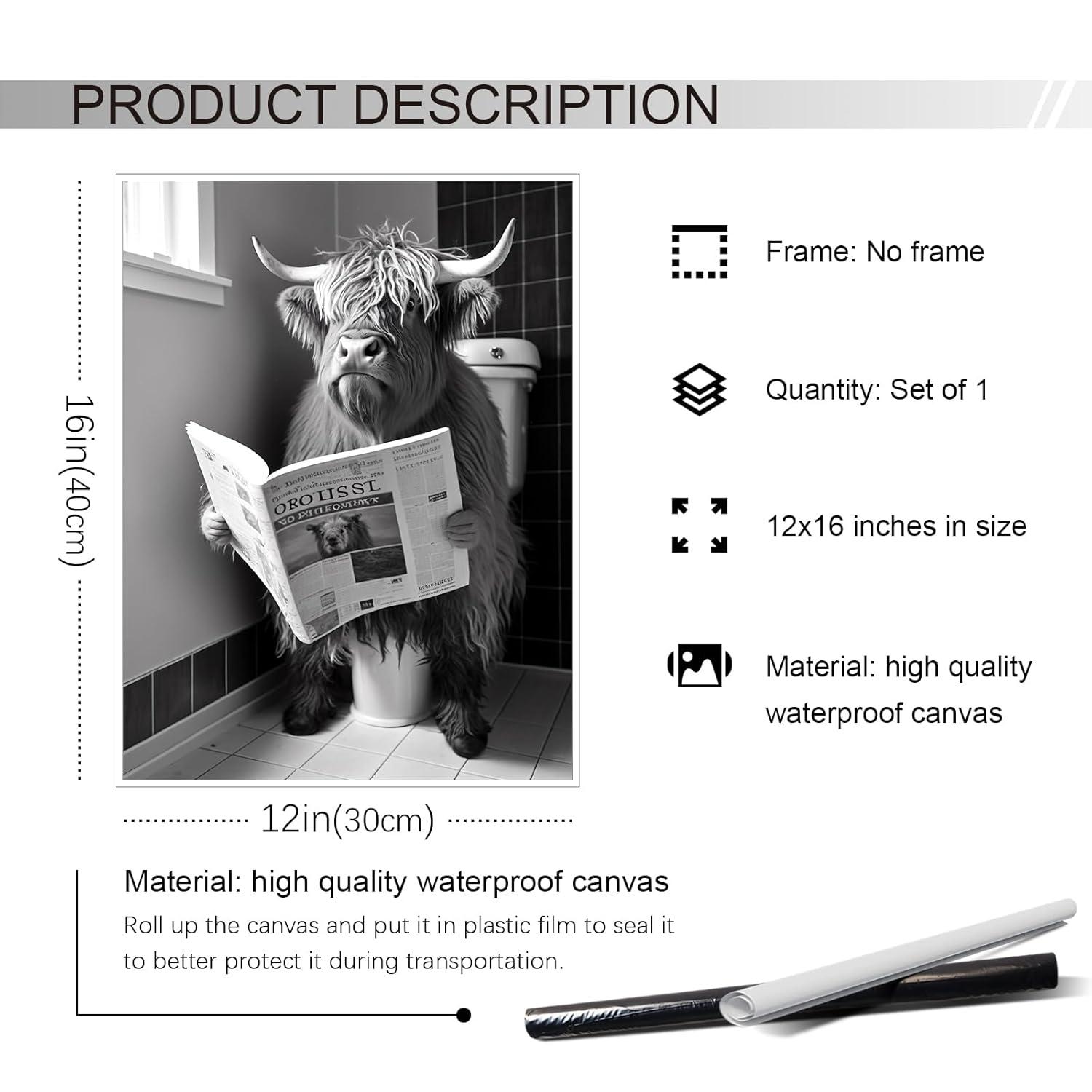 Yaasilinage Highland Cow Canvas Wall Art, Cow Sitting on The Toilet Reading Newspaper Print Poster, Funny Animal Bathroom Pictures for Toilet Guest Room Wall Decor 12x16in Unframed
