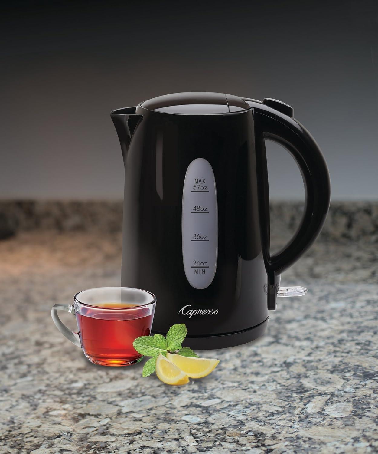 Capresso Large 57-ounce Electric Water Kettle – Black 279.01: 1500W Boil Dry Protection Water Heater Kettle