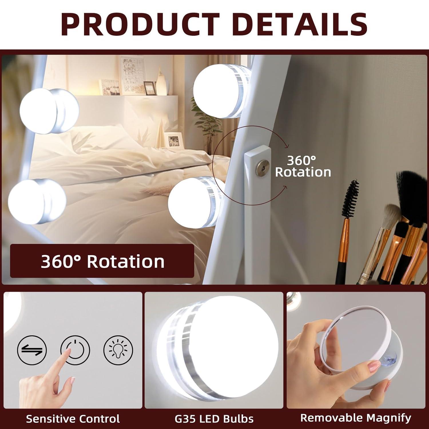 VANITII LLC VANITII Hollywood Vanity Makeup Mirror With 12 LED Bulbs Wireless Charge White Bluetooth 10X Magnifying Glass Smart Control