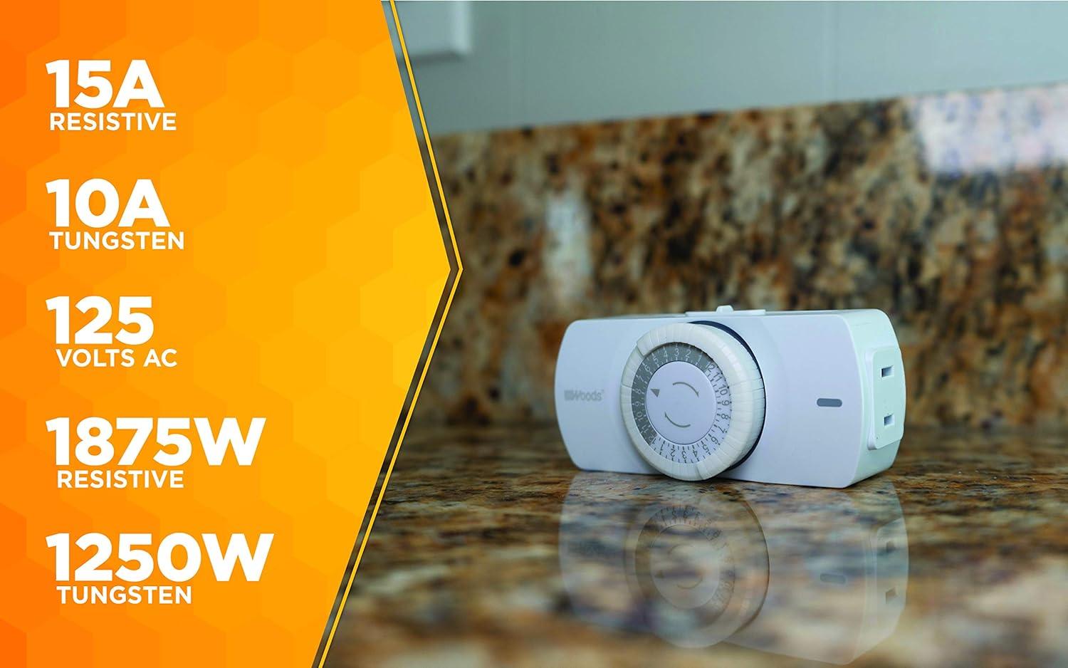 Woods 50101WD Easy-to-use Narrow Style Indoor 24-Hour Mechanical Timer, Single 2-prong (polarized) Outlet, White