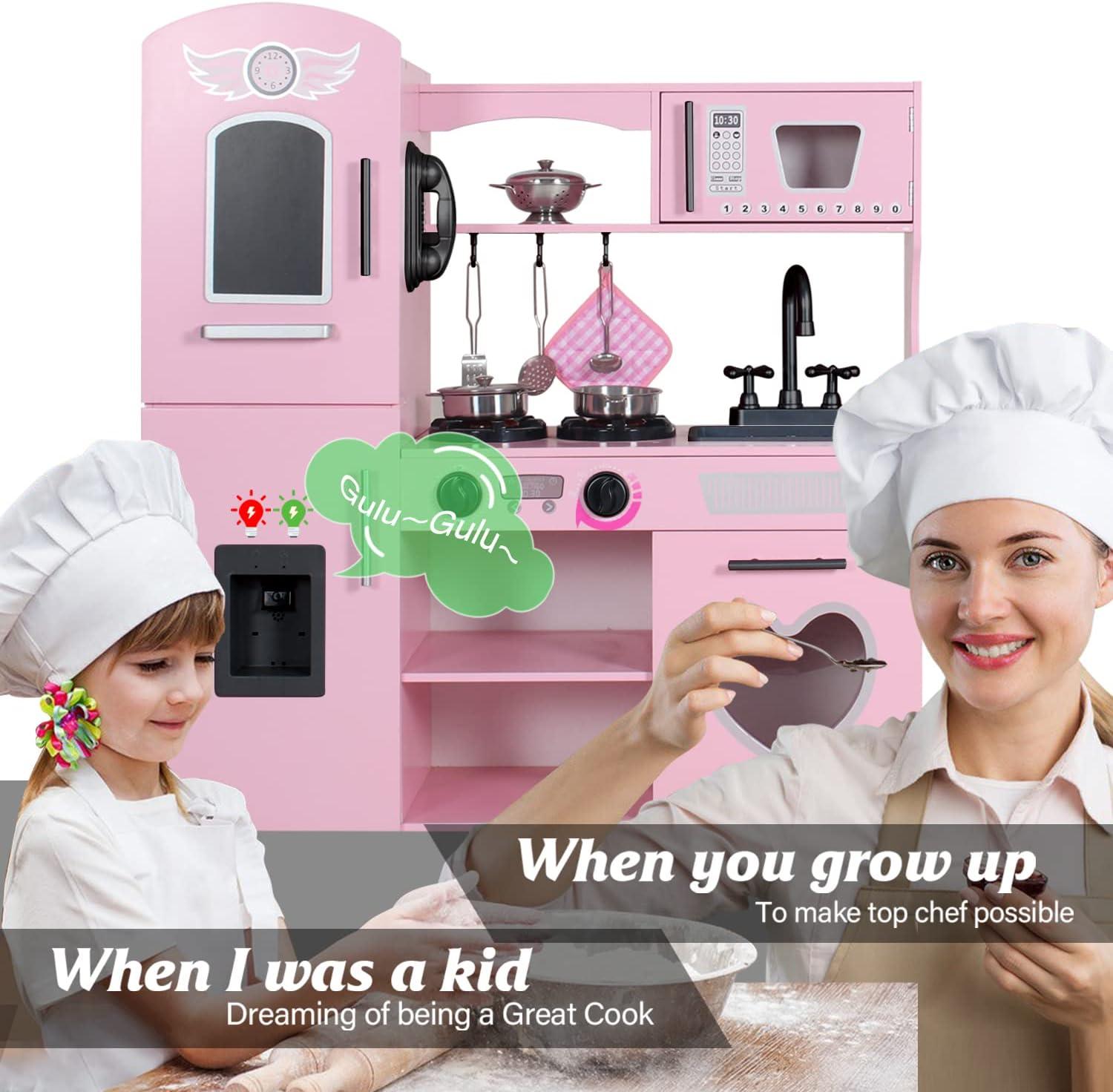 Pink Wooden Play Kitchen Set with LED Lights and Sounds