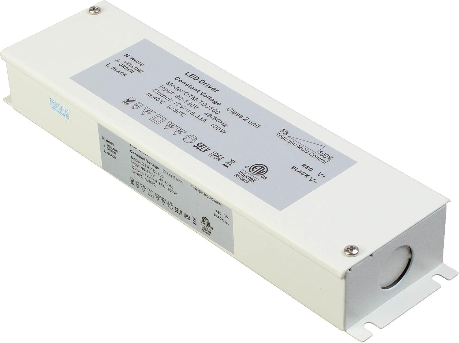 Triac Dimmable LED Driver, ETL 100v-130v to 12v 100w DC Constant Voltage Junction Box Enclosed Power Supply for LED Strip Light Compatible with Lutron Leviton AC Wall Dimmer Control