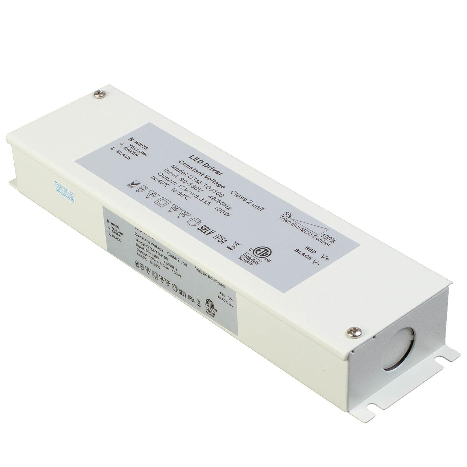 Triac Dimmable LED Driver, ETL 100v-130v to 12v 100w DC Constant Voltage Junction Box Enclosed Power Supply for LED Strip Light Compatible with Lutron Leviton AC Wall Dimmer Control