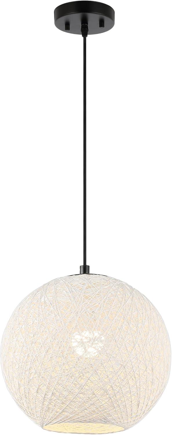 Lacey Bohemian Minimalist Iron/Rope Woven Globe LED Pendant White/Black - JONATHAN Y