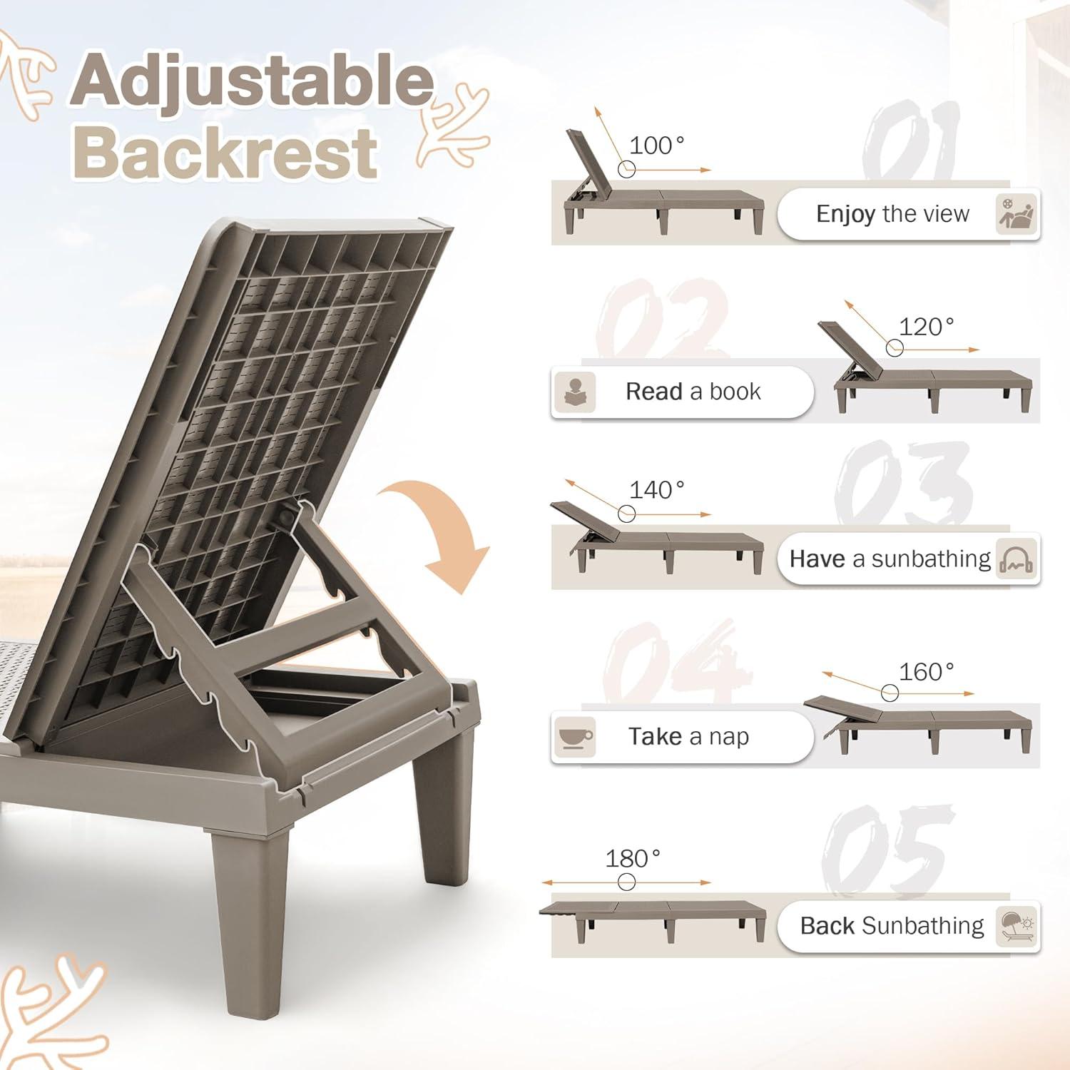 JUMMICO Patio Chaise Lounge Chair Set of 2 Outdoor PE Waterproof Adjustable Easy Assembly Lounge Chairs for Outside Pool Garden Deck Beach (Light Brown, Set of 2)