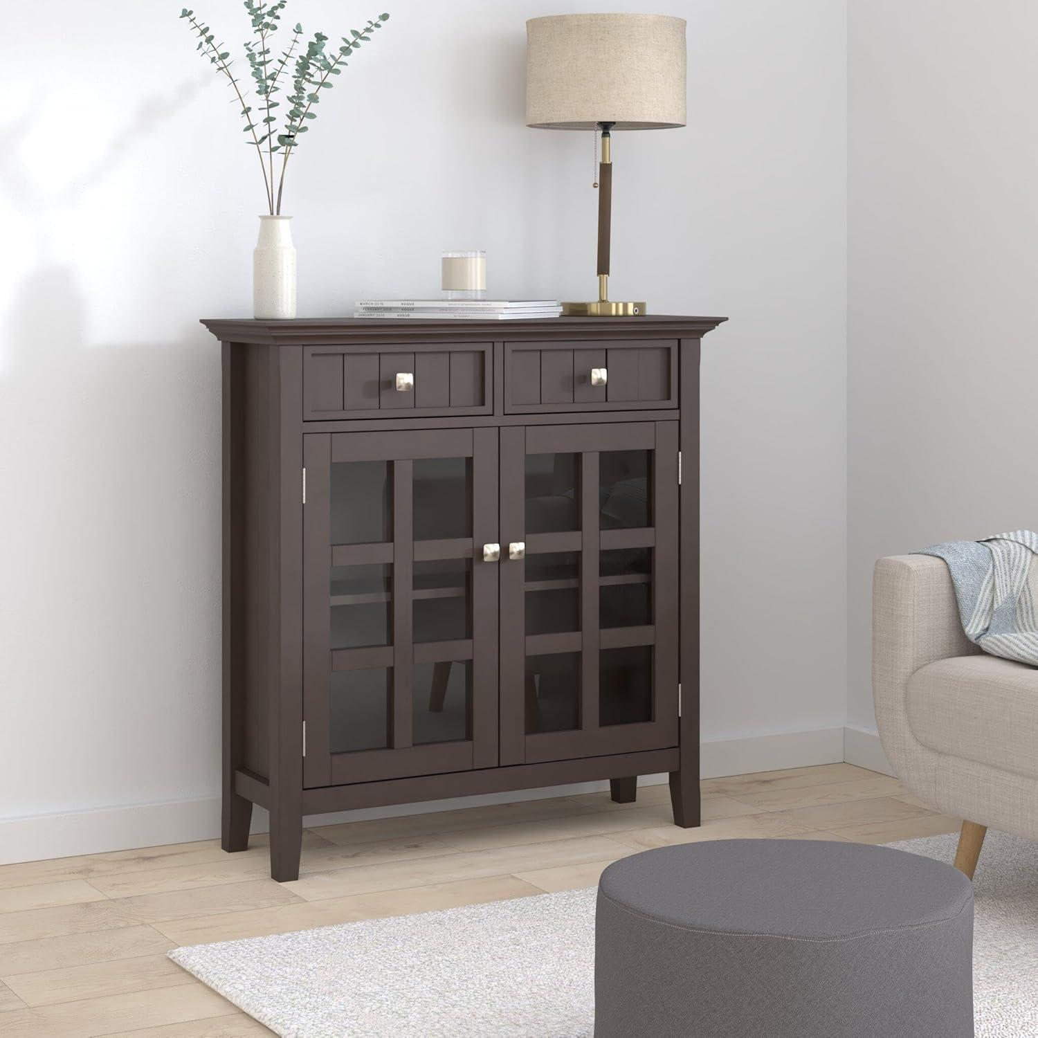 Simpli Home Acadian 36"W Solid Wood 2-Shelf Entryway Storage Cabinet with Glass Doors and 2 Drawers