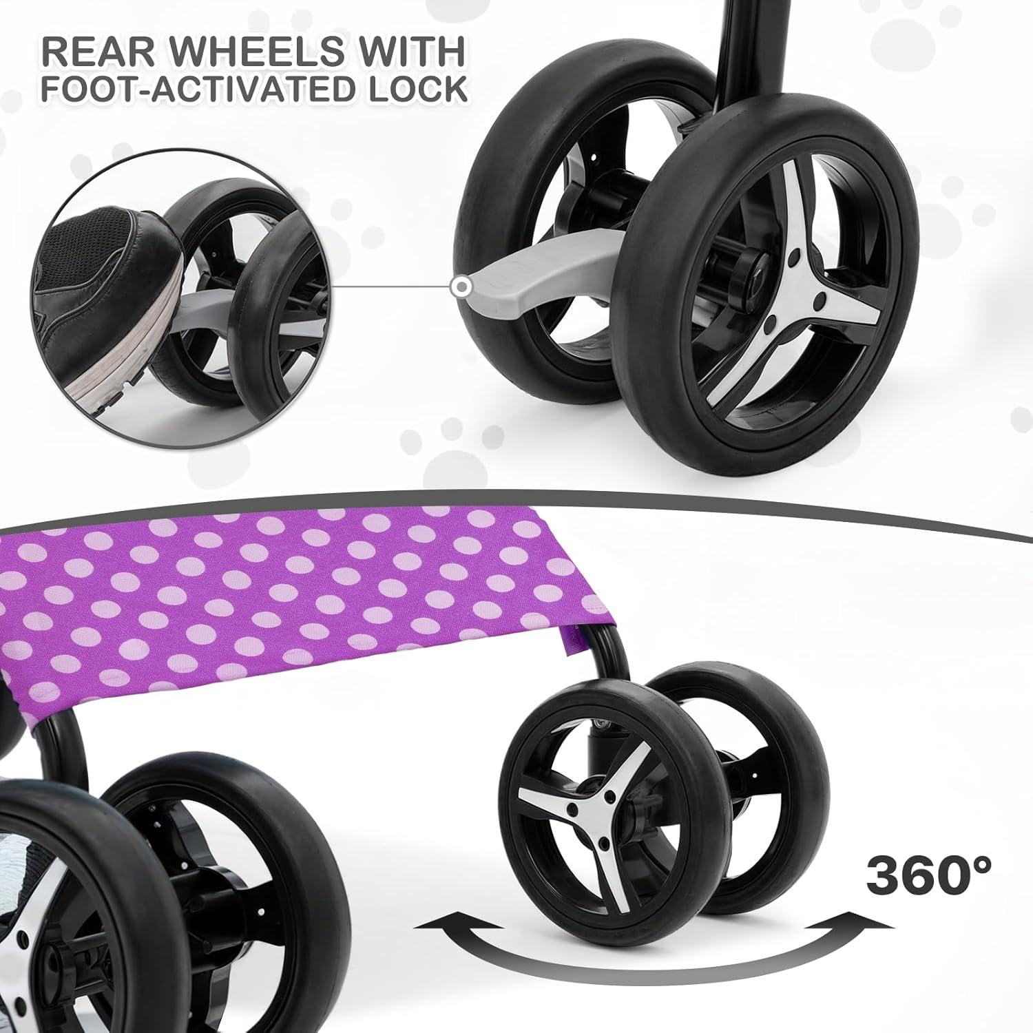 Magshion Foldable Lightweight Pet Trolley for Pet Cats & Dogs, 4 Wheel, Purple with White Polka Dots