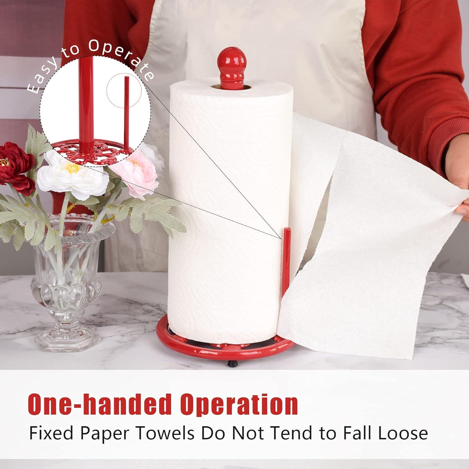Vintage Paper Towel Holder Countertop - Cast Iron Standing Roll Paper Towel Dispenser with Elegant and Heavy Daffodil Pattern Base for Kitchen Décor, Red
