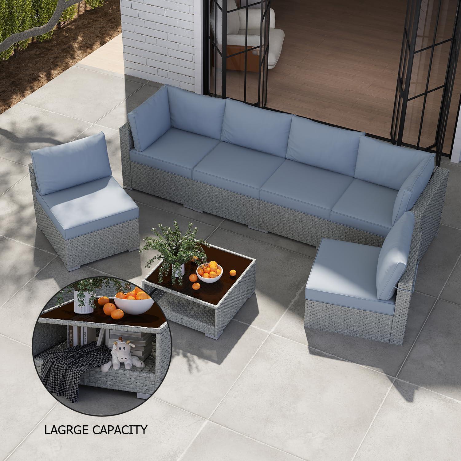 Aug-guan 7-Piece Patio Furniture Set, All-Weather Boho Outdoor Conversation Set Sectional Sofa with Water Resistant Grey Thick Cushions and Storage Table for Yard,Lawn,Grey