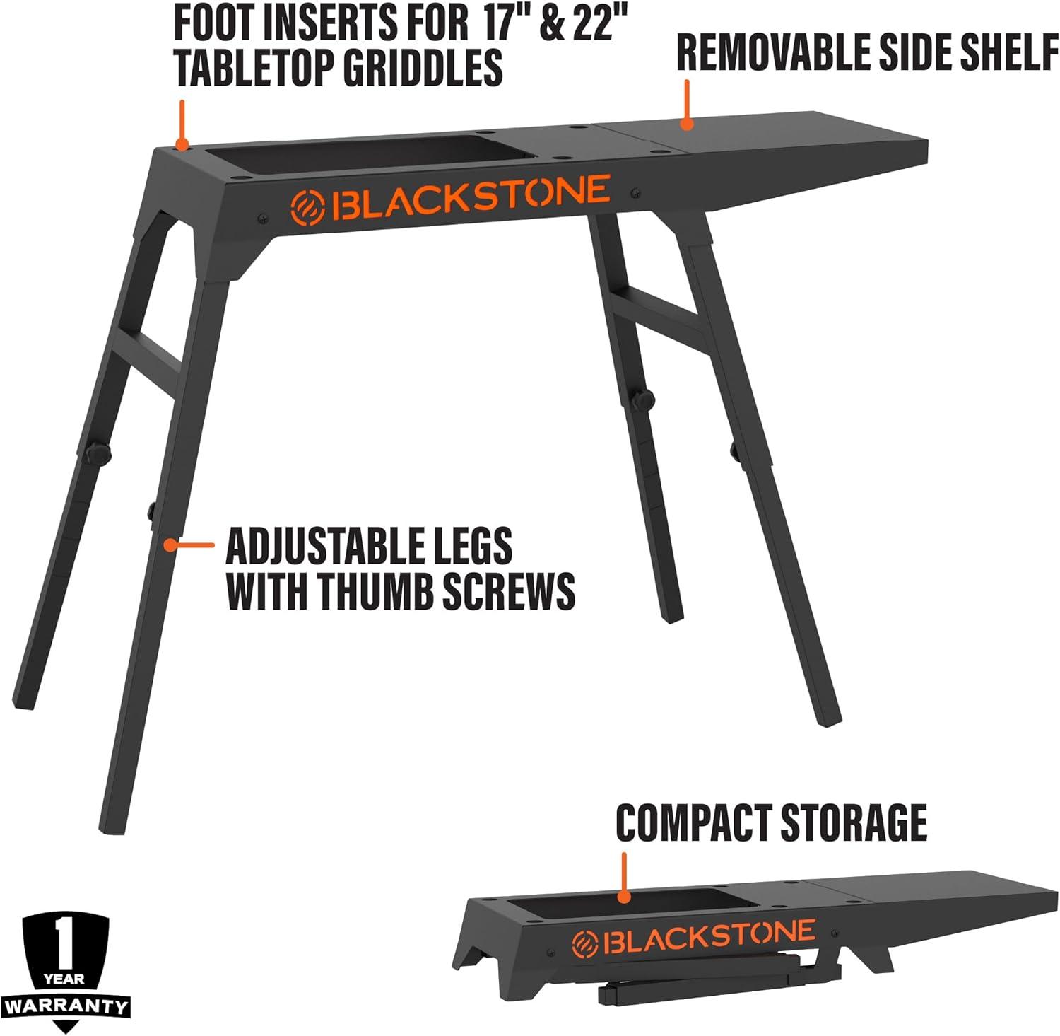 Blackstone Universal Griddle Stand with Adjustable Leg and Side Shelf - Made to fit 17” or 22” Propane Table Top – Perfect Take Along Grill Accessories for Outdoor Cooking Camping (Black)