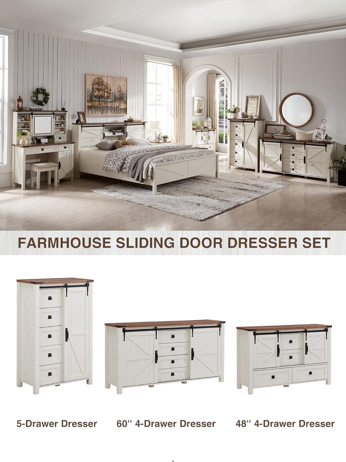 Antique White Farmhouse Dresser with Sliding Barn Doors and Drawers