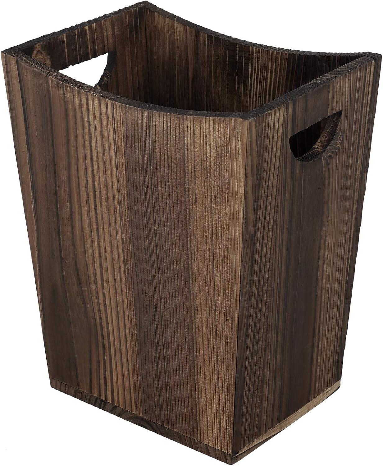 Rustic Brown Fir Wood Rectangular Wastebasket with Handles