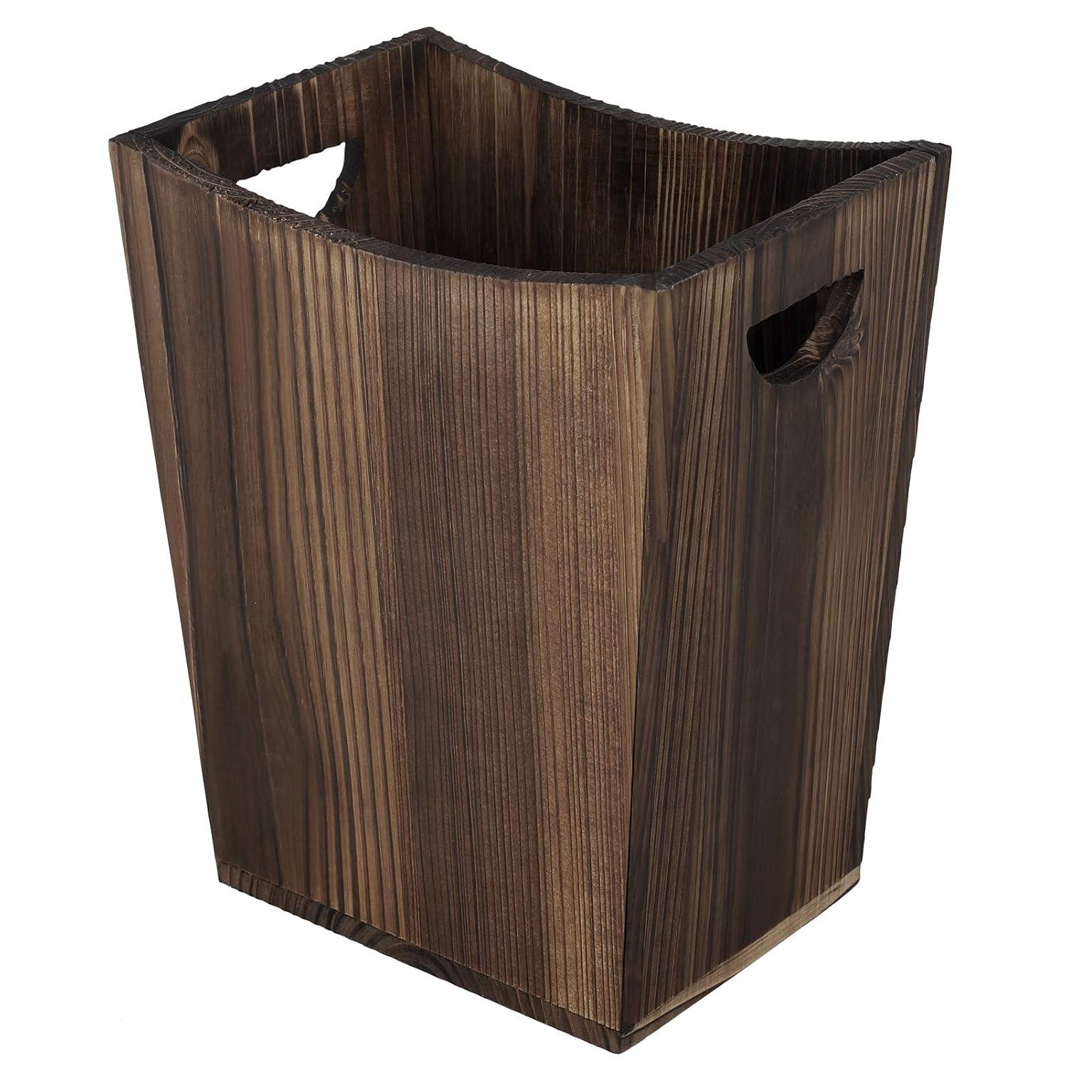 Rustic Brown Wood Rectangular Wastebasket with Handles