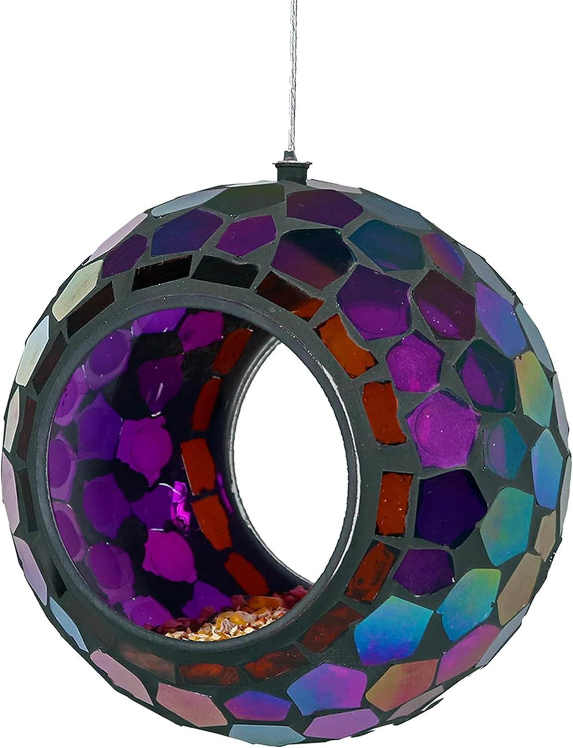 Sunnydaze Outdoor Garden Patio Round Glass with Mosaic Design Hanging Fly-Through Bird Feeder - 7"