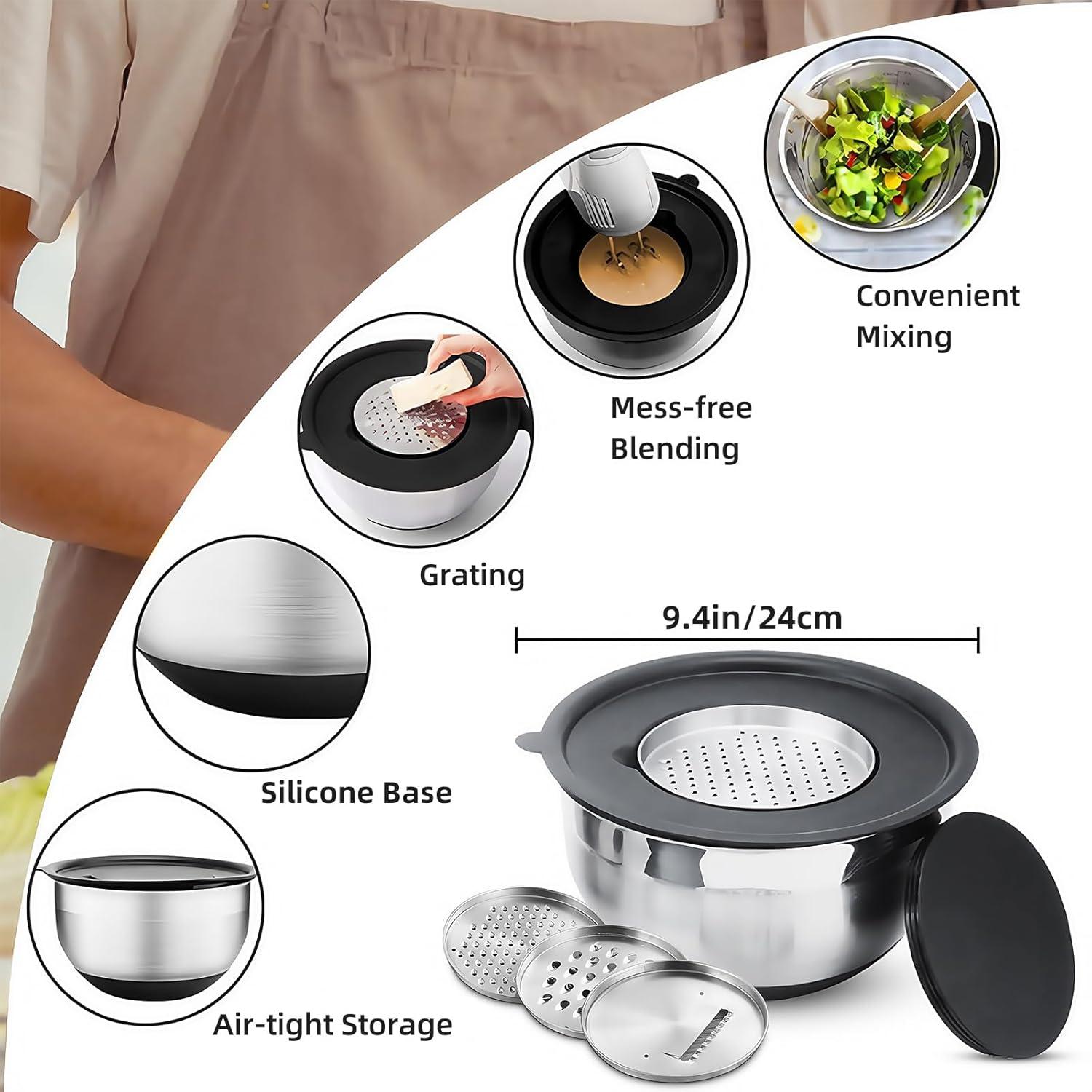 6-Piece Black Stainless Steel Mixing Bowl Set with Lids and Graters