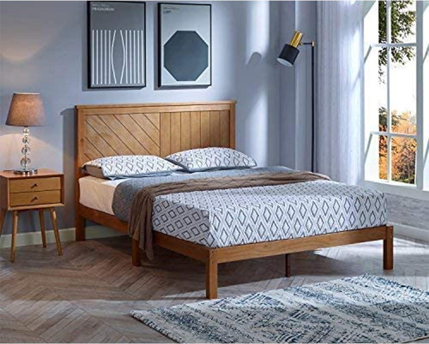 Twin Rustic Pine Wood Platform Bed with Upholstered Headboard and Storage Drawer