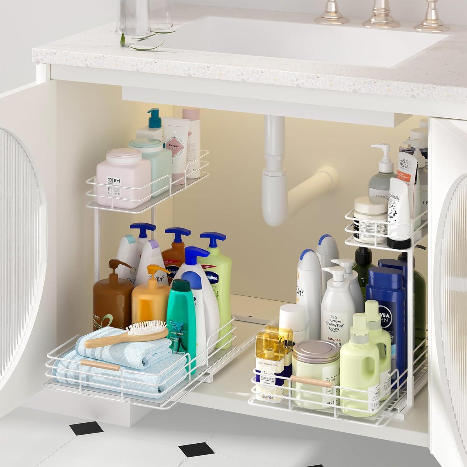 Delamu 2 Pack Under Sink Organizer and Storage, 2 Tier Pull Out Cabinet Organizer, Slide Out Under Sink Storage Shelf for Kitchen Bathroom, White