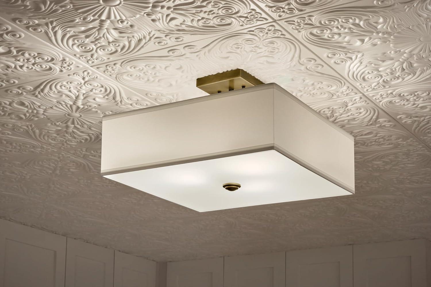 Natural Brass 3-Light Semi Flush Mount with Fabric Shade