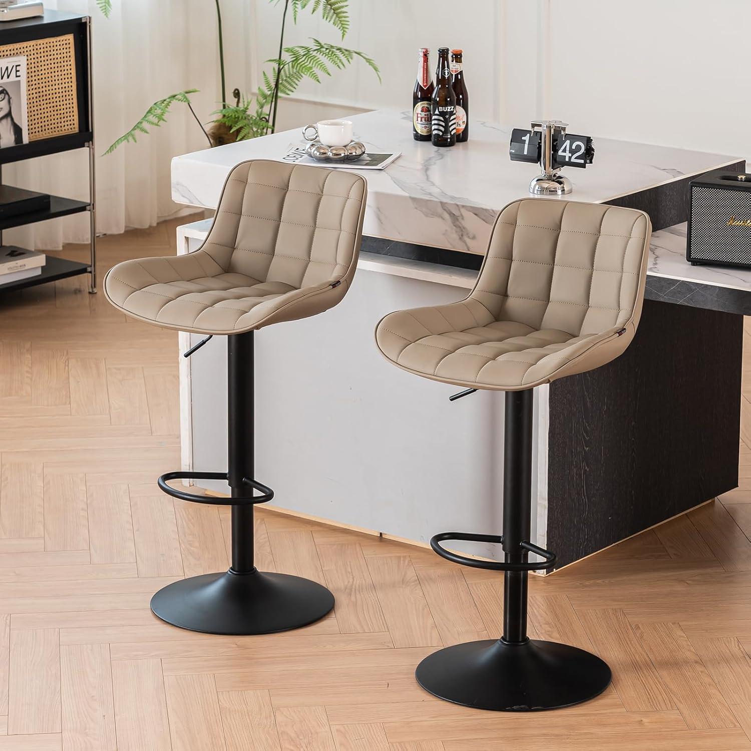 YOUNIKE Upholstered Bar Stools Set of 2 PU Leather Adjustable Counter Bar Stools with Back, Khaki