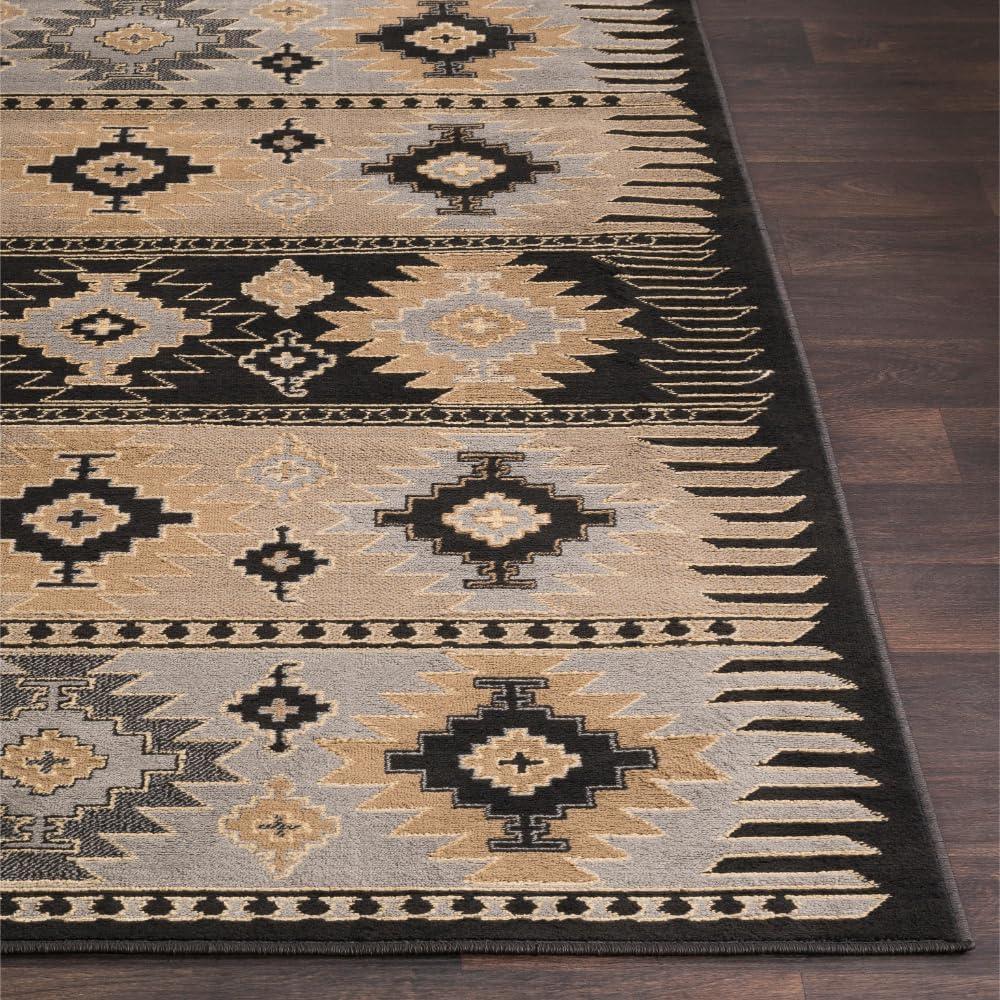 Greige and Black Synthetic Southwest Print Rectangular Area Rug