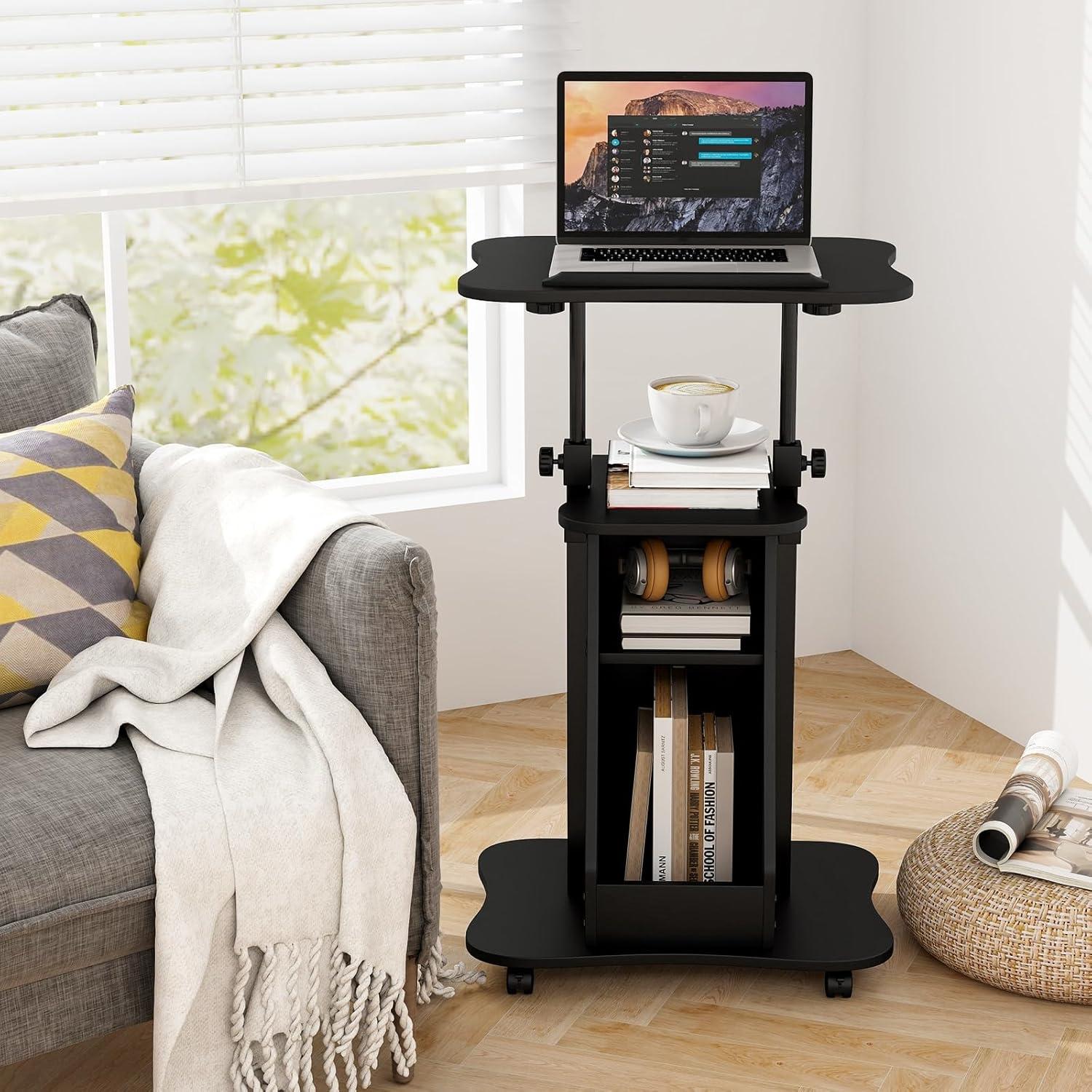 Costway Mobile Podium Stand Height Adjustable Laptop Cart with Storage Compartments Rolling Lectern with Lockable Casters for Classroom Office White