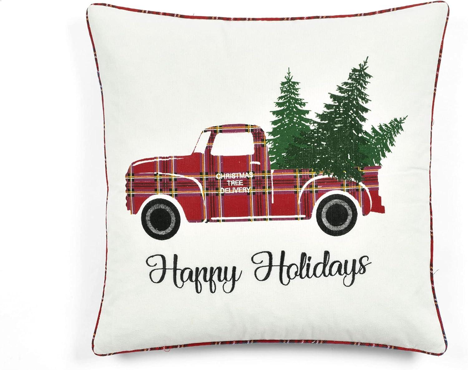 Lush Decor Lush Décor Cotton Blend, Holiday Truck Plaid Embroidery Script Decorative Pillow Cover Red Single 20 in x 20 in