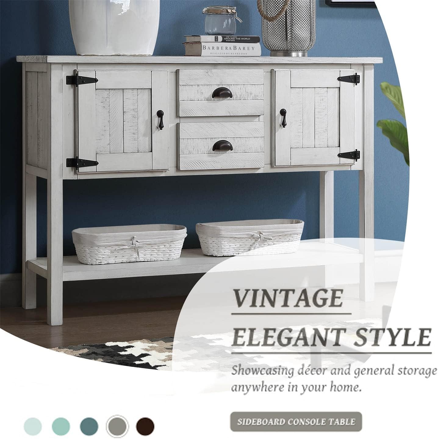 48" Solid Wood Buffet Sideboard,Farmhouse Console Table with Bottom Shelf,Retro-Style Storage Cabinet for Entryway,Living Room,Dining Room,Kitchen,Antique White