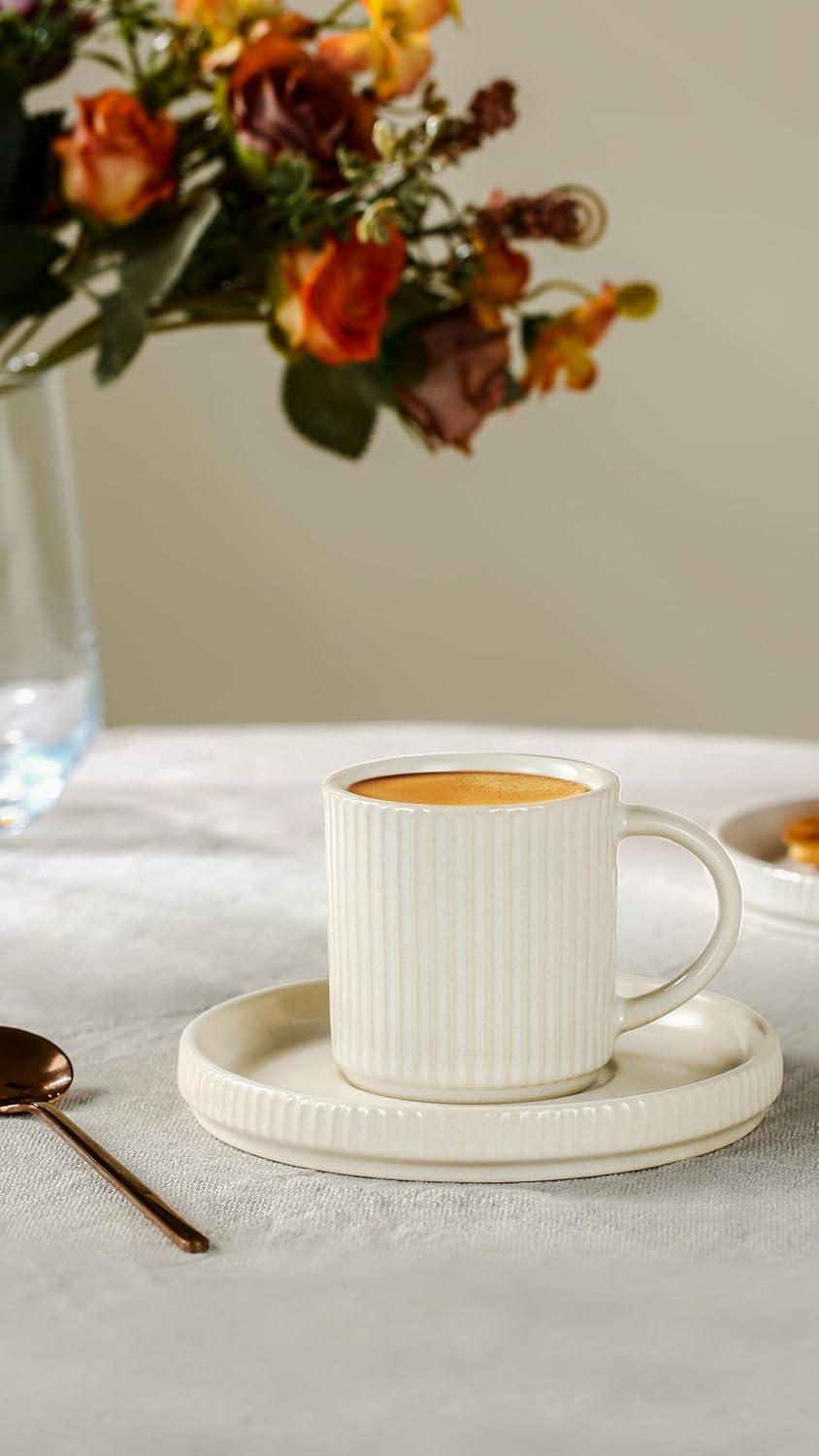 FAST APPLIANCES LLC Espresso Cups And Saucers Set Of 4, [ Mini ] 3 Oz Ceramic Small Coffee Mug With Handle, Ribbed Stoneware Demitasse Cup For Tea, Latte - Microwave & Dishwasher Safe - Matte White