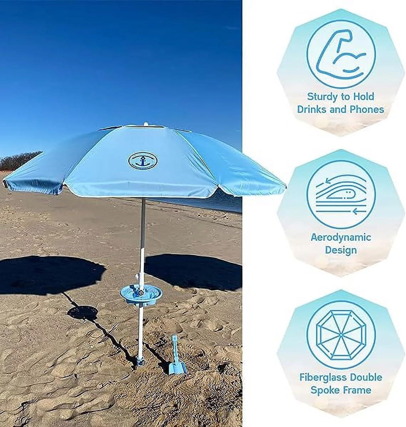 Anchor Works: Classic Beach Umbrella & AnchorONE Kit – Sky Blue - 7.5ft, Carry Bag, Sand Shovel & Drink Tray, UV-Protected, Outdoor Sun Canopy