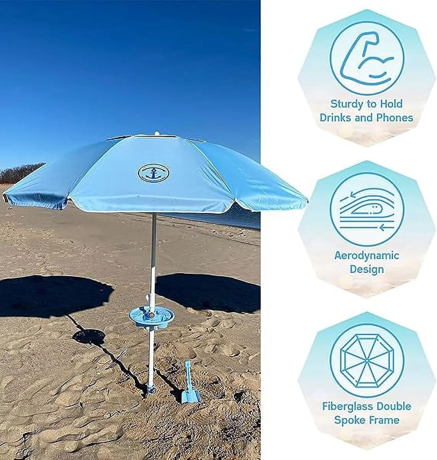 Anchor Works: Classic Beach Umbrella & AnchorONE Kit – Sky Blue - 7.5ft, Carry Bag, Sand Shovel & Drink Tray, UV-Protected, Outdoor Sun Canopy
